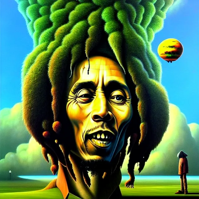 Image similar to gediminas pranckevicius an oil on canvas portrait painting of bob marley with john lennon, surrealism, surrealist, cosmic horror, rob gonsalves, high detail, hole space time warp zica