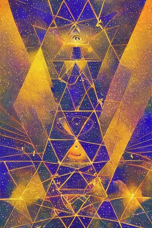 Image similar to visionary art of triangles within triangles of golden light floating in outer space full of stars and galaxies, showing an entrance to another dimension full of light and spiritual joy, elegance and vertical symmetry