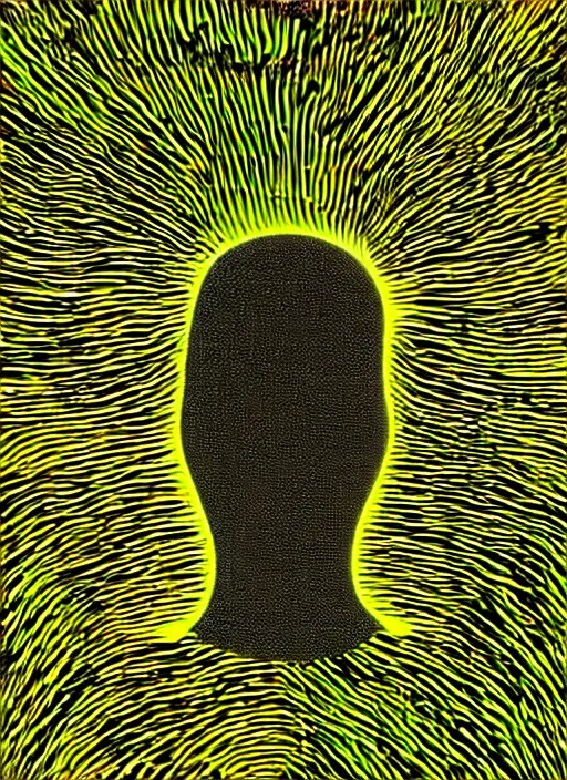 Image similar to highly detailed closeup portrait of wasteland long glowing yellow and white plasma hair tribal lady, stray electric spark wiring by jean jullien, 4 k resolution, gradient yellow, black and white color scheme!!! ( ( dystopian city background ) )