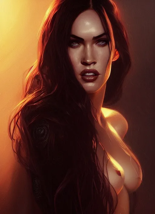 Image similar to portrait of megan fox as a vampire showing his teeth, intricate, elegant, glowing lights, highly detailed, digital painting, artstation, concept art, smooth, sharp focus, illustration, art by wlop, mars ravelo and greg rutkowski
