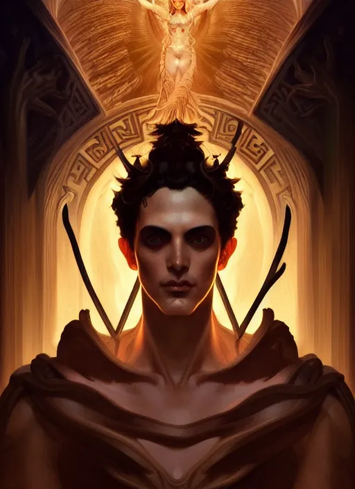 Image similar to symmetry!! portrait of hades, greek mythology, ancient greece, underworld, intricate, highly detailed, dark lighting, digital art, digital painting, artstation, sharp focus, illustration, art by artgerm and greg rutkowski and alphonse mucha, 8 k