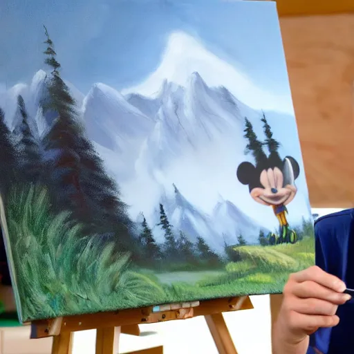 Image similar to a closeup photorealistic photograph of bob ross working on a canvas painting of mickey mouse. film still. brightly lit scene. mountains and trees. this 4 k hd image is trending on artstation, featured on behance, well - rendered, extra crisp, features intricate detail, epic composition and the style of unreal engine.