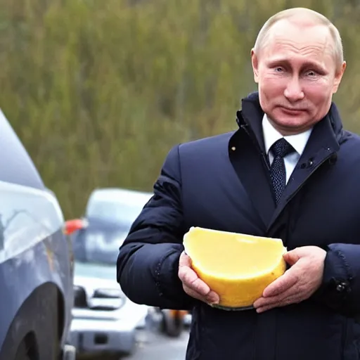 Image similar to close up of vladimir putin visiting a cheese market