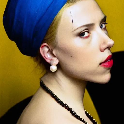 Prompt: Scarlett Johansson with a pearl earring by Johannes Vermeer, photography, photo