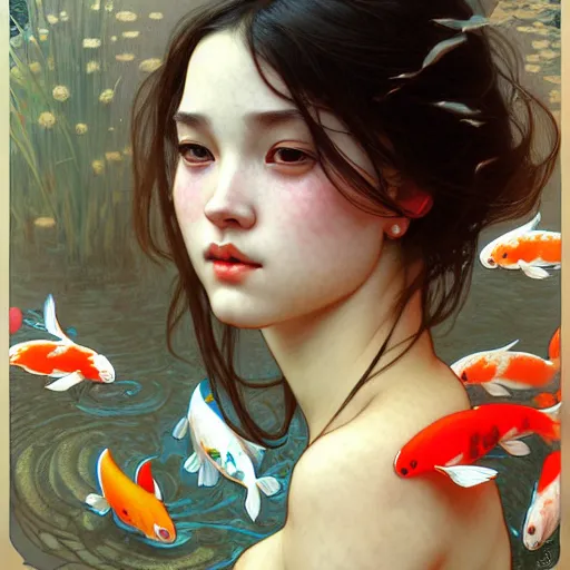 Prompt: Portrait of a girl surrounded by Koi fish, face, fantasy, intricate, elegant, highly detailed, digital painting, artstation, concept art, smooth, sharp focus, illustration, art by Dapeng song and Artem Demura and alphonse mucha