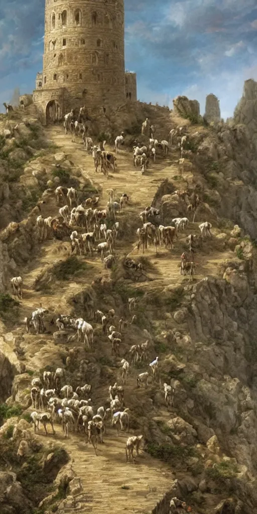 Image similar to a herd of goats climbing a tall citadel with tall towers and long stairs, beautiful, highly detailed