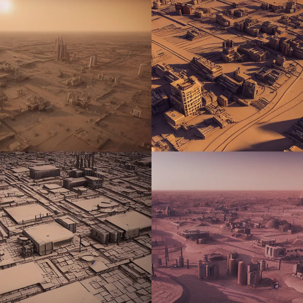 Prompt: photo of a Polish city on a desert planet, extreme details, soft lighting, realistic octane render, 8k