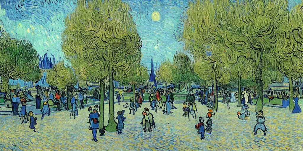 Image similar to highly detailed beautiful happy park, with childrens, by Van Gogh