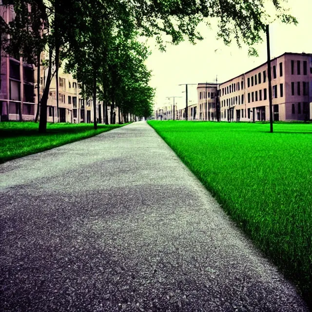 Prompt: perfect grass lawn instead of asphalt and road. empty town street with identical high soviet level buildings. cinematic, straight lines