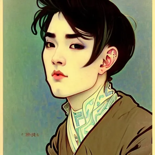 Image similar to full body painting of grumpy handsome thin beautiful young man in his 2 0 s named min - jun in a modest french female maid outfit, modern clothing, elegant, clear, painting, stylized, sharp facial features, pouty, highly detailed, art, art by alphonse mucha