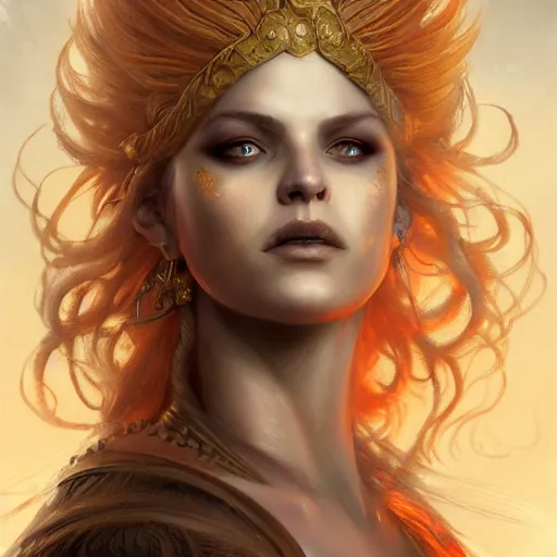 Prompt: portrait of fire goddess, hair of fire, iridescent eyes, fantasy, intricate, elegant, highly detailed, digital painting, artstation, concept art, matte, sharp focus, illustration, art by aenaluck and roberto ferri and greg rutkowski, epic fantasy, digital painting