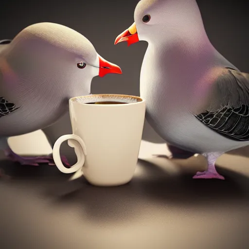 Prompt: pigeon couple drinking a cup of coffee on dark background, 3d render by Pixar, raytracing