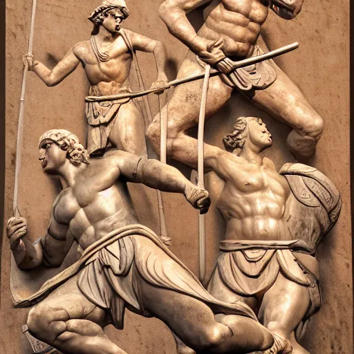 Prompt: greek statue of japanese samurais fighting aztec gods, historical artwork, museum art, rome greece, india, france, china artstation, tumblr