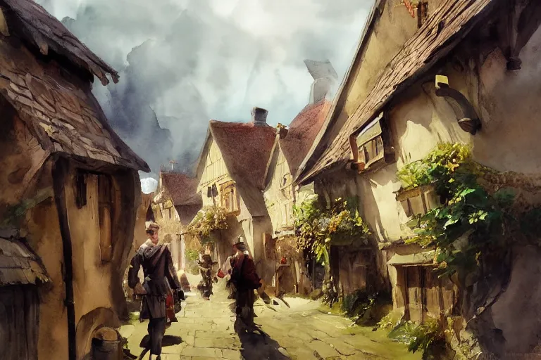 Prompt: watercolor painting of village street, bailey wall, medieval straw roof, scandinavian, ambient lighting, art by hans dahl, by jesper ejsing, art by anders zorn, wonderful masterpiece by greg rutkowski, cinematic light, american romanticism by greg manchess, creation by tyler edlin