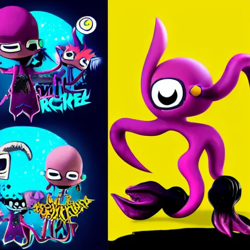 Image similar to psychic punk rocker electrifying rockstar with a giant vampiric squid for a head concept character designs of various shapes and sizes by genndy tartakovsky and splatoon by nintendo and the psychonauts franchise by doublefine tim shafer artists as well as the artist for the new hotel transylvania film