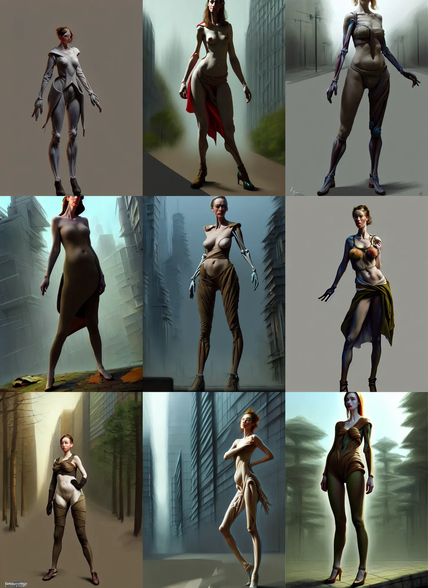 Prompt: costume design from postmodern designers, artist reference pictures pose, anatomy skills,sophisticated composition, old masters light composition, procedurally generated, epic anthropomorphic human girl character posing for concept art, forest city streets behind her, substance designer, PBR, HD, Ultra detailed, hyperrealistic, megascans, volumetric light, concept by master artist, made in paint tool SAI2, trending pixiv face