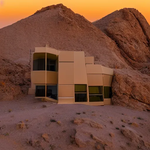 Prompt: 8 k film still exif, hyperdetailed luxurious deconstructivist building on the edge of a desert cliff, golden hour.