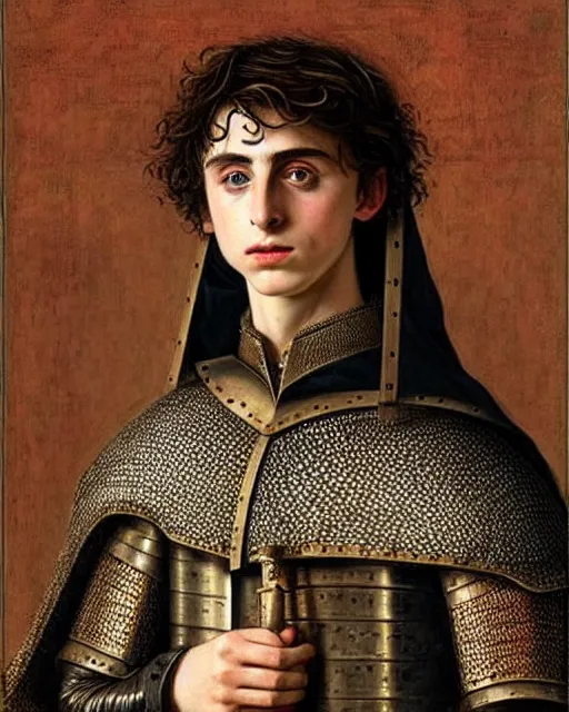 Image similar to timothee chalamet medieval portrait, armored priest, delicate detailed medieval portrait in the style of eugene de blaas, perfect face