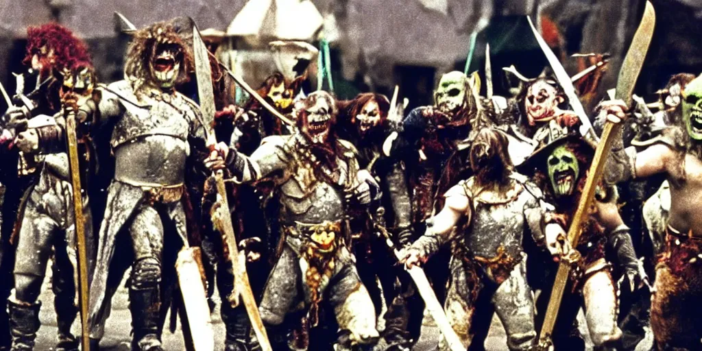 Image similar to A full color still from a Stanley Kubrick film featuring actors dressed as angry Orcs, waving swords, 35mm, 1970