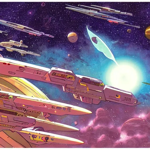 Prompt: an epic space battle between two fleets of starships, digital painting by moebius, daniel taylor, and studio ghibli