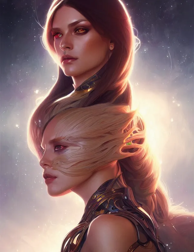 Image similar to futuristic woman portrait, sci-fi, amber eyes, face, long hair, fantasy, intricate, elegant, highly detailed, digital painting, artstation, concept art, smooth, sharp focus, illustration, art by artgerm and greg rutkowski and alphonse mucha