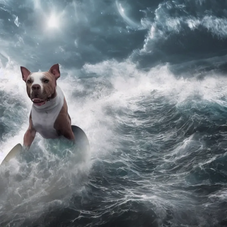 Image similar to photo of a dark gray white small spots coat pit bull with a white paws, surfing on a surfboard in a crashing wave of alien ocean in space, background is an alien galaxy, aliens in the background, alien colors, octane render, unreal engine, wide view, 8 k, high detaild