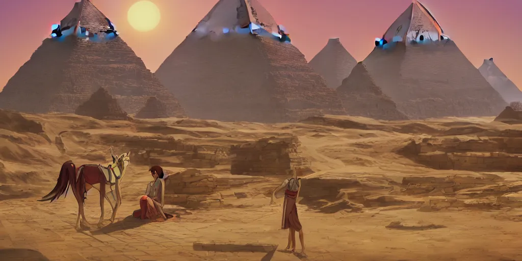 Image similar to egyptian landscape with pyramids by makoto shinkai