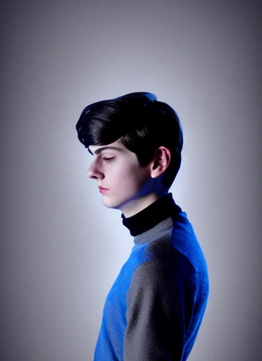 Image similar to portrait of teenage jughead jones wearing a light grey crown, crown, blue turtleneck, 1 9 5 0 s, closed eyes, photorealistic, black hair, glowing lighting, intricate, elegant, glowing lights, highly detailed, digital painting, artstation, concept art, smooth, sharp focus, illustration, art by wlop, mars ravelo and greg rutkowski