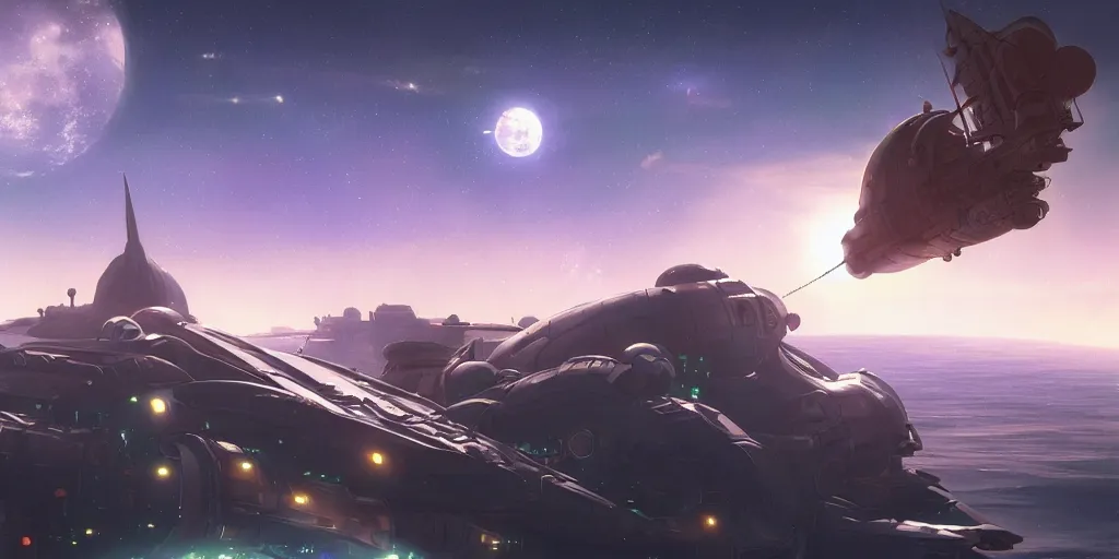 Prompt: a wholesome animation key shot of massive medieval retro futuristic dieselpunk cruise spaceship with window lights sailing the interstellar space winds by studio ghibli, animation, sharp, rendered in unreal engine 5, focused, anime key art by greg rutkowski, donato giancola, bloom, dramatic lighting