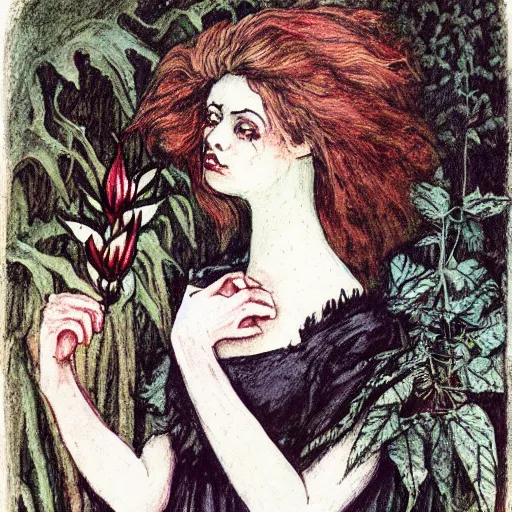 Image similar to dark gothic fairy wearing a gown posing with castor bean plant by Cicely Mary Barker