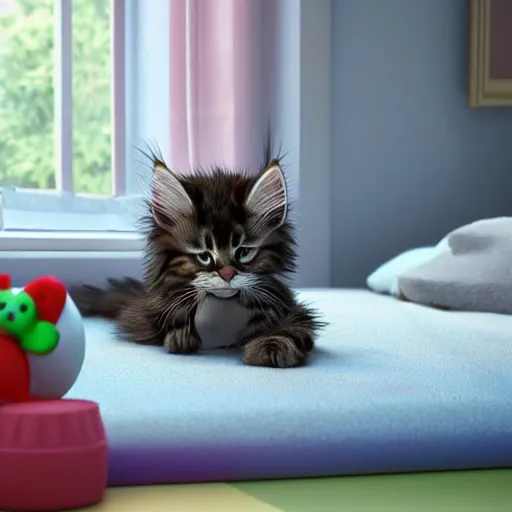 Image similar to eye - level view, in a child's bedroom filled with toys there is a bed under a window with a colorful bedspread. a super cute maine coon kitten runs and jumps and plays with cat toys on the bed. hilarious, funny, back to school comedy, cg animation, 3 d octane render, imax 7 0 mm,