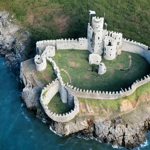 Image similar to aerial view of a punisher fortress from above on a hill by the ocean. castle shaped shaped exactly like the punisher symbol detailed