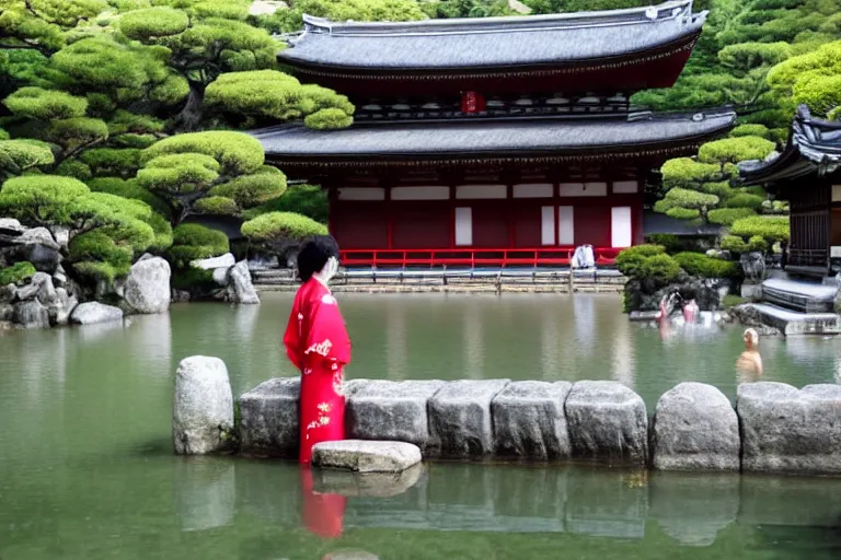 Prompt: cinematography women in kimonos in Kyoto watching joy in a temple pond by Emmanuel Lubezki