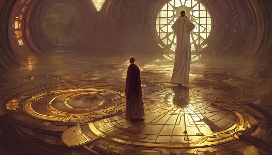 Prompt: a religious scifi room, monk doing tai chi on a floating circular platform in the center, symmetrical shot, center framing, elegant, cinematic shot, intricate digital painting artstation concept art smooth sharp focus illustration, art by artgerm and greg rutkowski and alphonse mucha