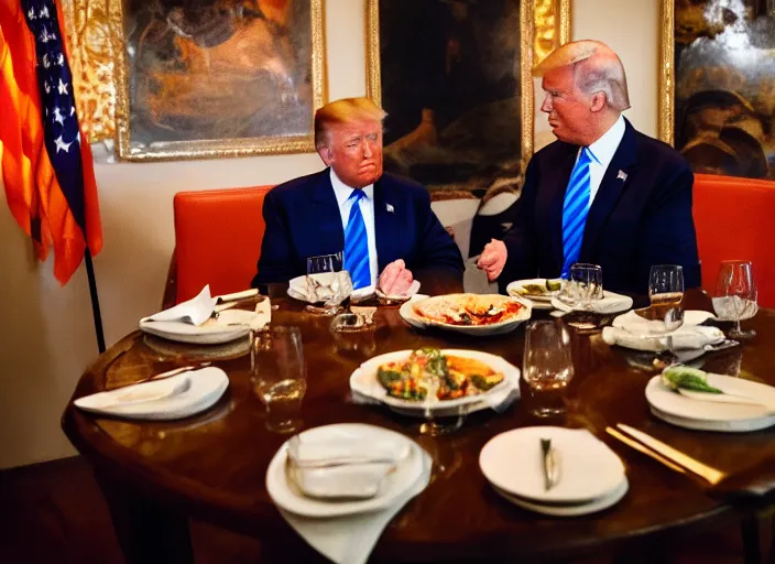 Image similar to Trump and Biden having dinner at a fancy Balinese restaurant, award winning cinematic photography, 50 mm, blurred background, trending on twitter