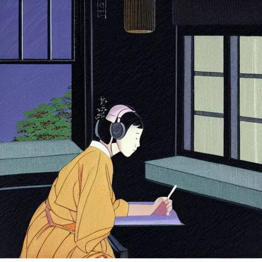 Prompt: An expressive painting by Hasui Kawase of a Japanese girl sat writing in a journal while wearing headphones illuminated by a desk lamp, in the background is a window overlooking a rainy night-time city, with a cat resting on the window cill, a relaxed and dreamy atmosphere, highly atmospheric with dynamic lighting, highly detailed, 8K