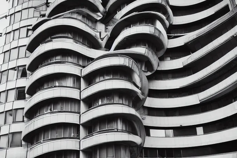 Image similar to a brutalist building in the shape of a Mobius strip, windows, door, rooftop, urban photography, detailed
