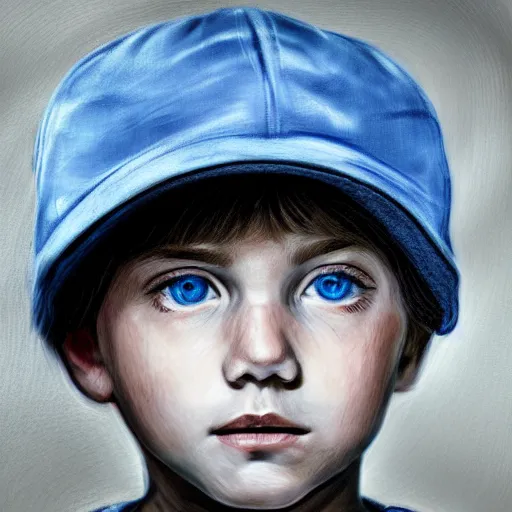 Prompt: a detailed portrait of a boy with light blue eyes wearing a black cap, realistic and detailed eyes, art illustration, incredibly highly detailed and realistic, 8 k, sharp focus