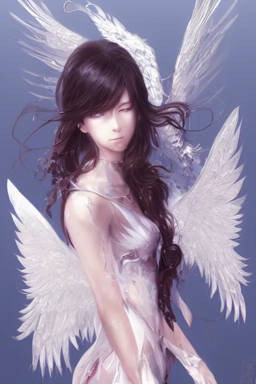 Image similar to Portrait of beautiful anime maiden with angelic wings, intricate, elegant, highly detailed, artstation, concept art, illustration, art by Yoshitaka Amano, Sakimichan, Kuvshinov Ilya, tsuaii