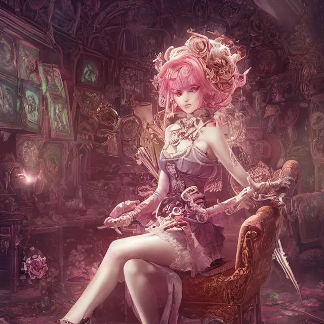 Prompt: the portrait of chaotic evil female necromancer mastermind as absurdly beautiful, gorgeous, elegant, cute young idol, an ultrafine hyperdetailed illustration by kim jung gi, irakli nadar, intricate linework, bright colors, octopath traveler, final fantasy, unreal engine 5 highly rendered, global illumination, radiant light, detailed and intricate environment