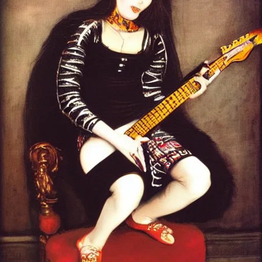 Prompt: Goth girl playing electric guitar by Mario Testino, oil painting by Tintoretto