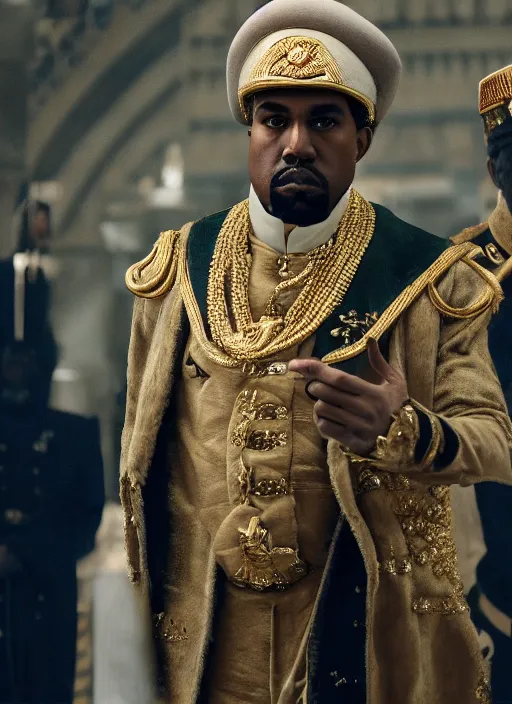 Image similar to kanye west as muammar kadhafi and emperor napoleon, splash art, movie still, detailed face, cinematic lighting, dramatic, octane render, long lens, shallow depth of field, bokeh, anamorphic lens flare, 8 k, hyper detailed, 3 5 mm film grain