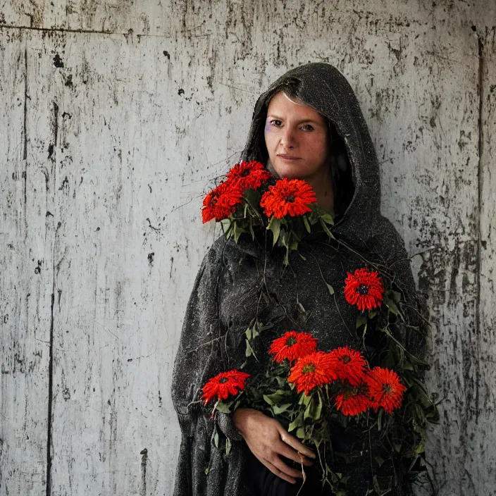 Prompt: a closeup portrait of a woman wearing a hooded cloak made of zinnias and barbed wire, in a derelict house, by Olivia Bee, natural light, detailed face, CANON Eos C300, ƒ1.8, 35mm, 8K, medium-format print