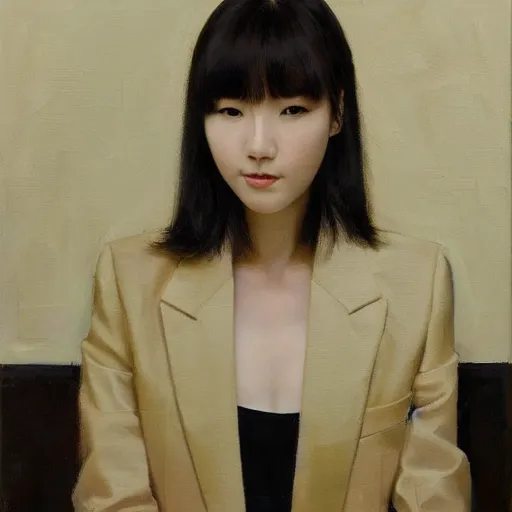 Prompt: portrait of a beautiful korean girl with long hair and bangs wearing a men's tuxedo, angular features, oil on canvas, elegant pose, masterpiece, Jonathan Yeo painting