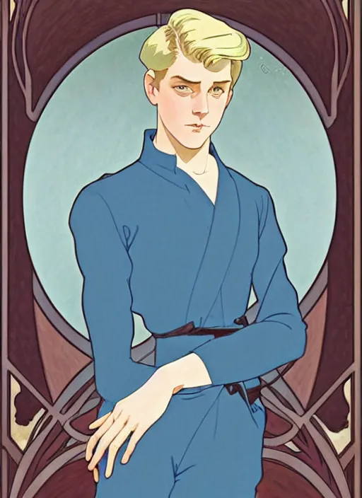 Image similar to art nouveau portrait of a pretty young man with short blond hair, light blue eyes, sad expression, scared, head down, shy and demure, natural lighting, path traced, highly detailed, high quality, cartoon, digital painting, by don bluth and ross tran and studio ghibli and alphonse mucha