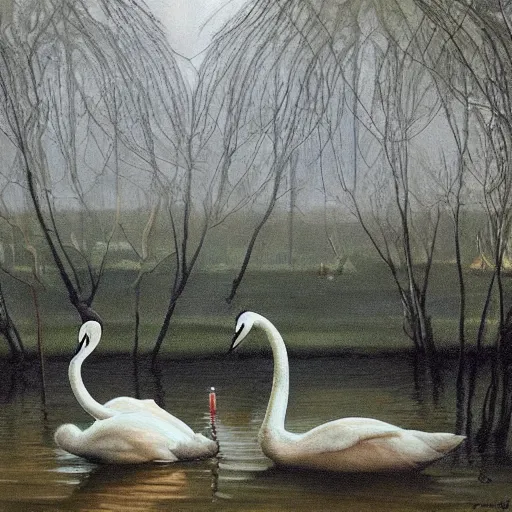 Image similar to painting hr giger tent in a landscape, swans in a pond, floral ornaments light beams night, tomas sanchez