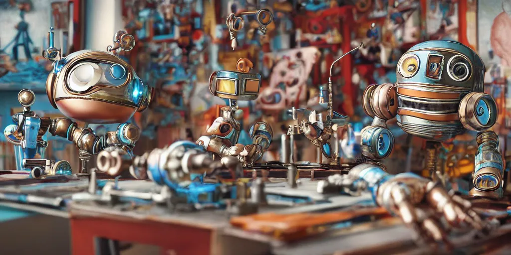 Prompt: closeup portrait of tin toy retro robot artist drawing robots in a workshop, depth of field, zeiss lens, detailed, centered, fashion photoshoot, by nicoletta ceccoli, mark ryden, lostfish, breathtaking, 8 k resolution, extremely detailed, beautiful, establishing shot, artistic, hyperrealistic, octane render