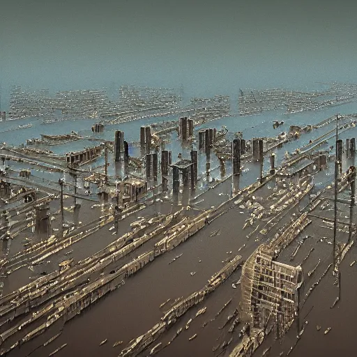 Prompt: realistic Cityscape macro photograph of a flooded downtown from the impacts of climate change by zdzislaw beksinski and Ridley Scott, detailed lighting, high quality, sharp focus, intricate, digital painting, artstation, 4k, 25mm film grain