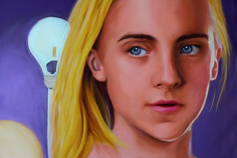 Prompt: a cinematic painting of a lightbulb with emma watsons face in it