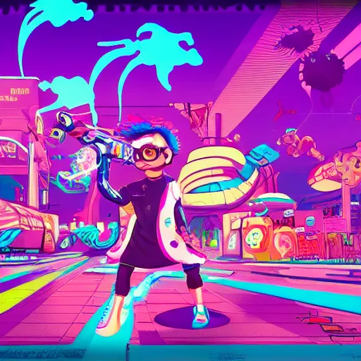 Image similar to splatoon, retrowave epic art, trending on art station